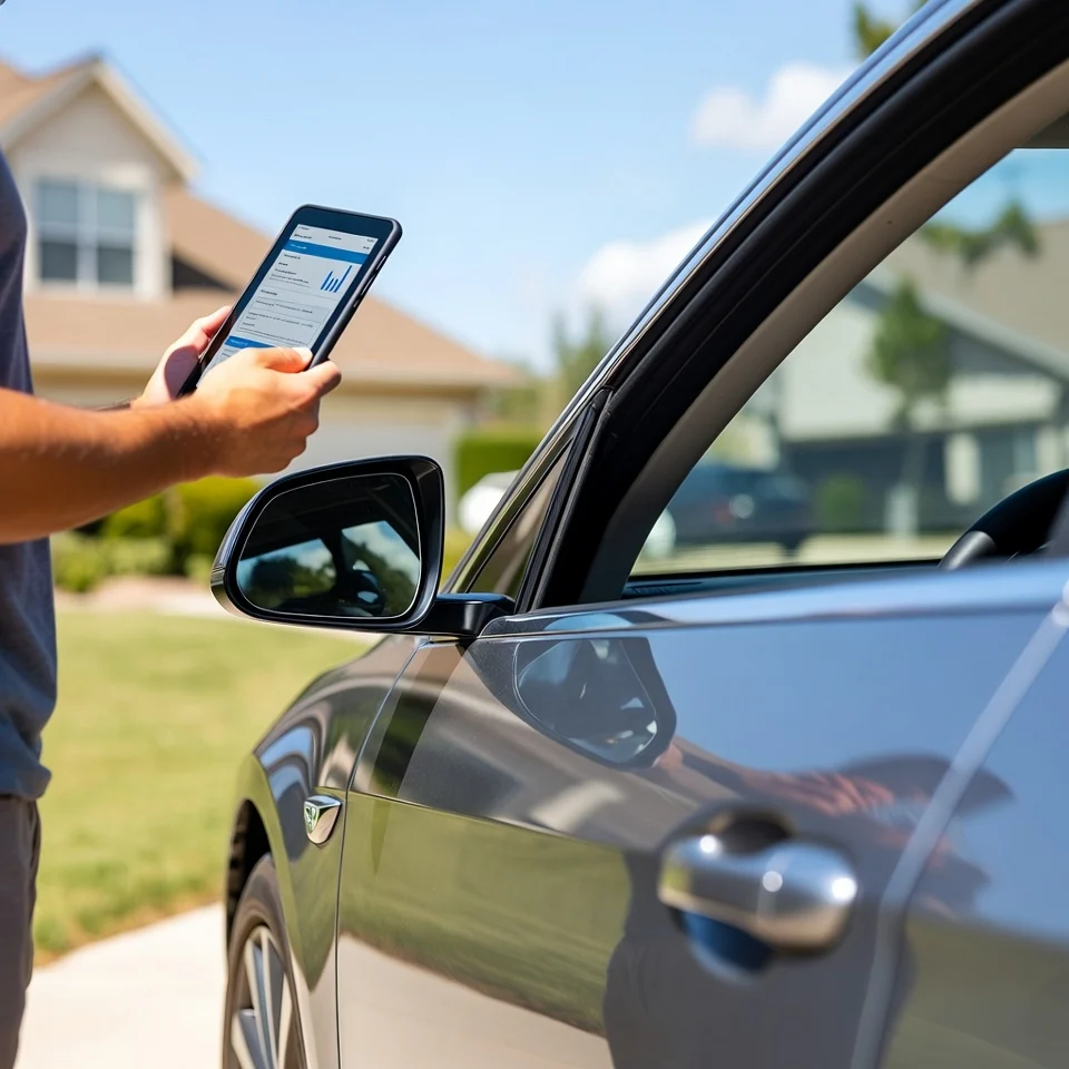 Driver reviewing auto insurance coverage beside his vehicle in Tomball, TX