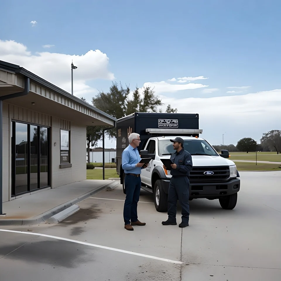 Small business owner reviewing operations and insurance needs in Tomball, TX