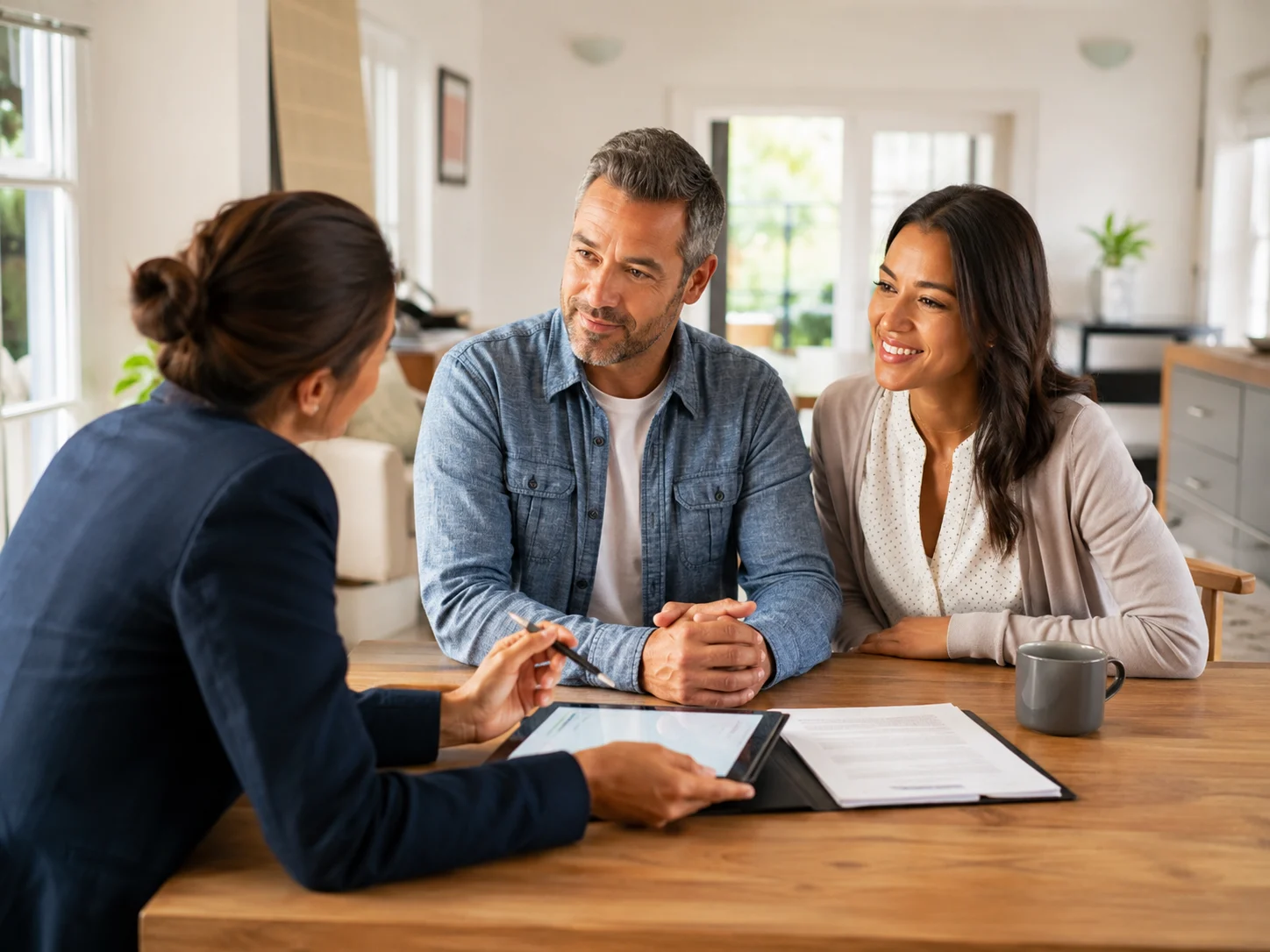 Homeowners meeting with an insurance agent outside their home in Tomball, TX