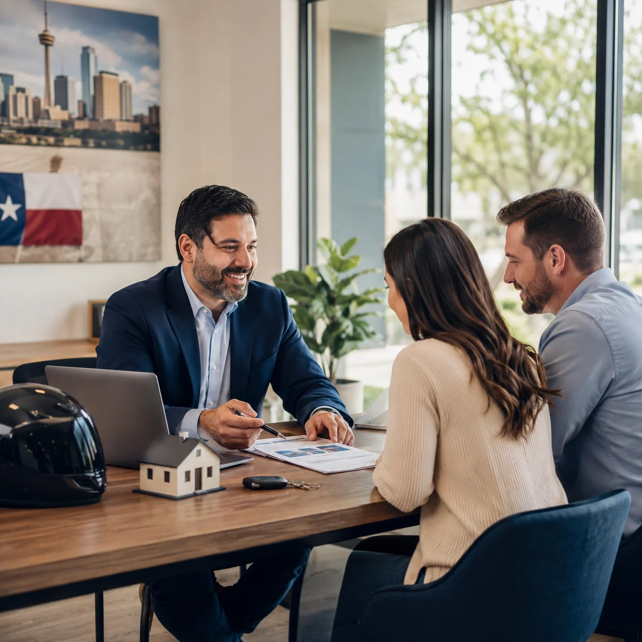 Insurance agent discussing home, auto, and motorcycle coverage with clients in Tomball, TX