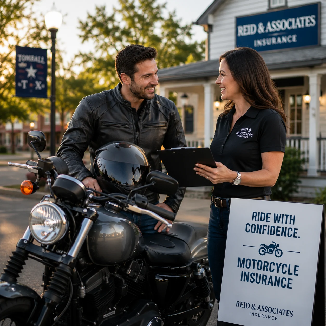 Motorcycle owner discussing insurance coverage with an agent in Tomball TX